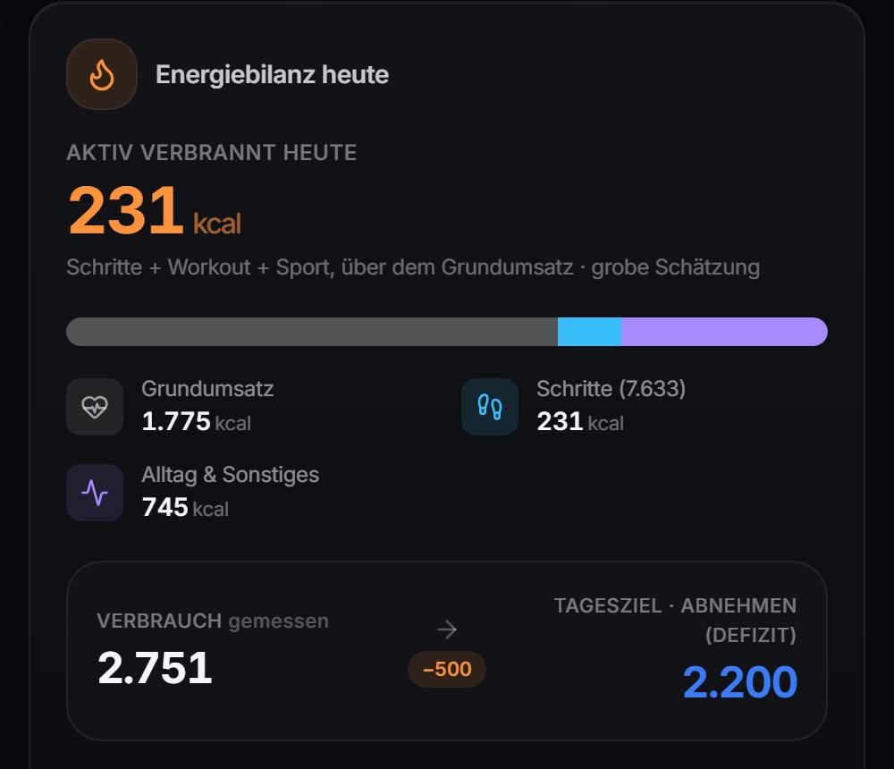 Energiebilanz: gemessener Verbrauch 2.751 kcal, minus 500 kcal Defizit, ergibt das Tagesziel von 2.200 kcal