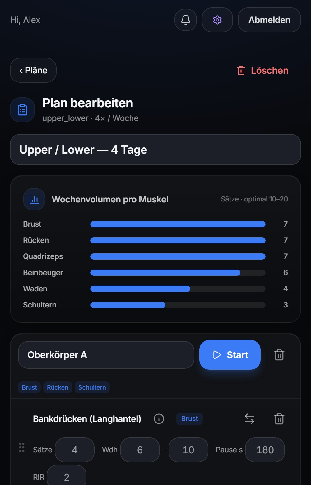 Plan-Editor mit Wochenvolumen pro Muskelgruppe als Balken und den Sätzen, Wiederholungen, Pausen und RIR je Übung