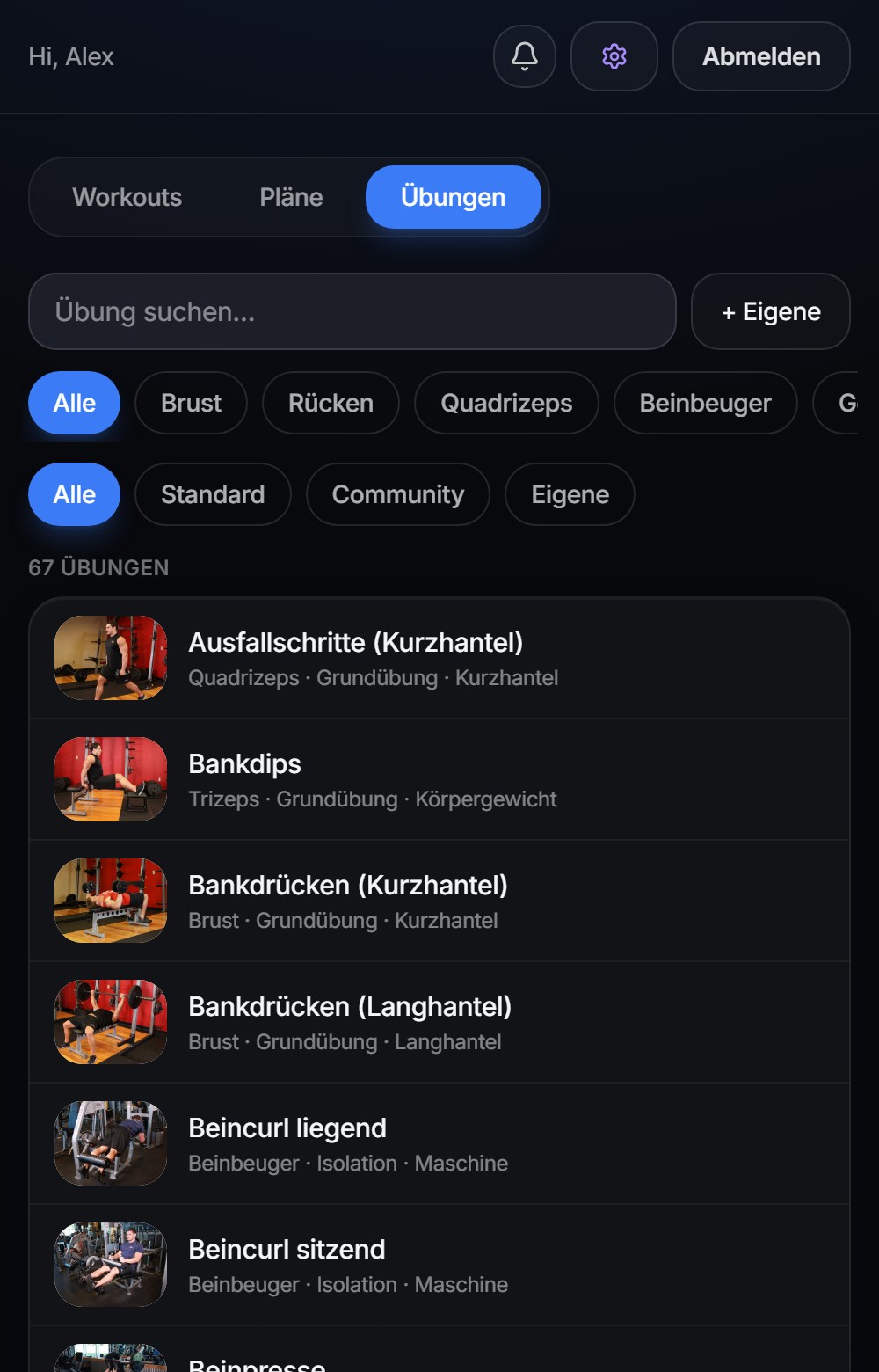 Übungskatalog mit 67 Einträgen, jeder mit Foto, Muskelgruppe, Übungstyp und Gerät
